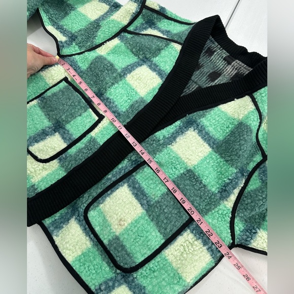 Highland Park Textured Plaid Sherpa Jacket Green Black Trim Streetwear Grunge L - Picture 5 of 10